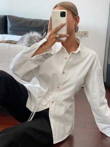 Livesso Camicetta casual in denim monopetto con laccio laterale per donna