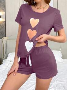 Bộ đồ ngủ 3 món quần short tay ngắn in hình trái tim - Màu đỏ tím - Xem 4