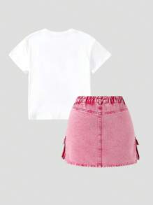 Denimly Tween Girls 2pcs Casual Set: Loose Fit Hoodie T-Shirt With English Letter Print & Sweet Pink Denim Cargo Skirt With Elastic Waist, Urban Street Style - White - View 4