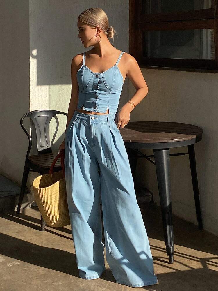 Women's Washed Vintage Denim Casual Suit, Korean Style