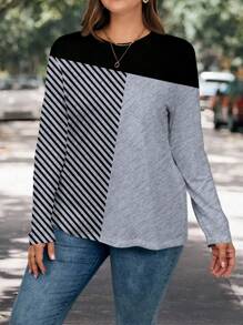 EMERY ROSE Plus Size Women's Casual Round Neck Form-Fitting Long Sleeve T-Shirt, Suitable For Autumn And Winter - Black - View 3