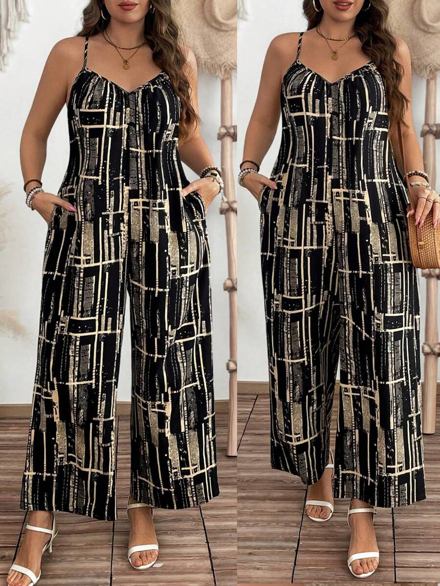 SHEIN Clasi Plus Size Women Geometric Print Sleeveless Loose Flattering Wide Leg Jumpsuit For Summer Vacation - Multicolor - View 1