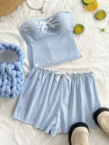 SHEIN Unity Women 2pcs Set - Striped Bow Decor Crop Top And Shorts - Blue - View 1