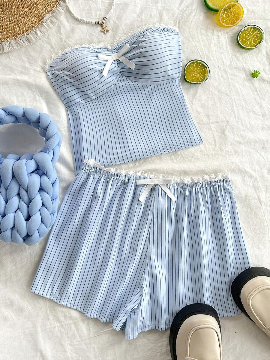 SHEIN Unity Women 2pcs Set - Striped Bow Decor Crop Top And Shorts - Blue - View 1