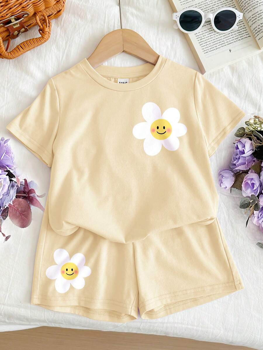 SHEIN Leap Crew Tween 女童休闲简约短袖短裤两件套,适合夏季 - 彩色 - 查看 1