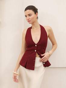 Aveloria Rosie Camiseta de tirantes elegante y de moda con cuello de tweed francés y decoración de botones - Burdeos - Ver 1