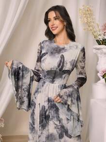 Modelyn Butterfly Print Elastic Waist Ruffle Hem Dress For Women - Black and White - View 3