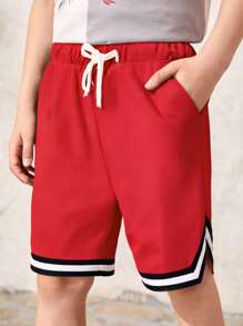 SHEIN Pantalones cortos deportivos para niño preadolescente con cordón en la cintura y ribete a rayas