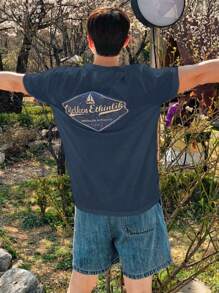 DAZY Men's Casual Letter Print Short Sleeve T-Shirt, Summer - Navy Blue - View 2