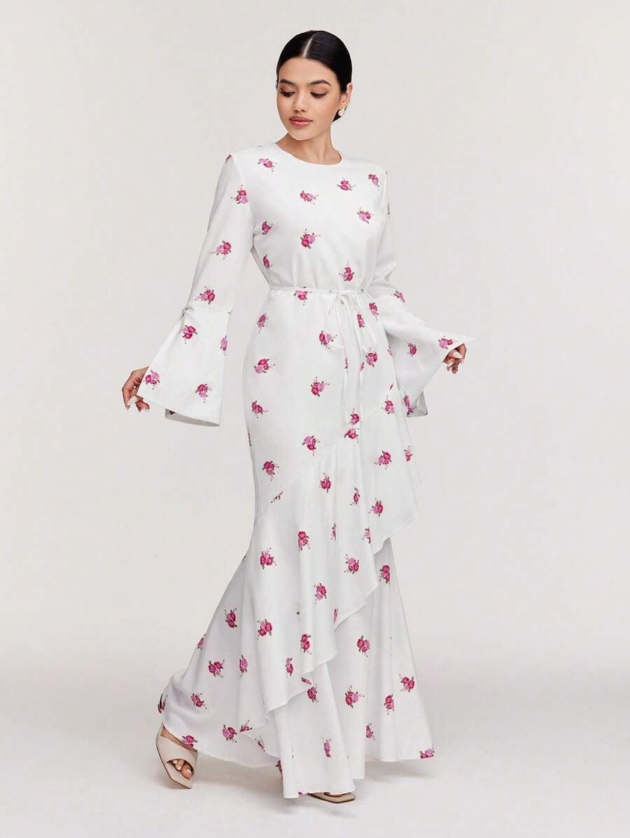 Veilorie 女士花卉印花圆领喇叭袖优雅连衣裙 - 紅色 - 查看 1