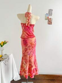 Soleia New Floral Print Halter Neck Ruffle Trim 3D Flower Tied Design Camisole Top - Pink - View 3