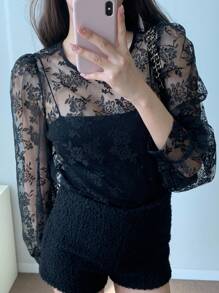 DAZY Áo cánh cổ tròn tay dài lưới rộng rãi cho nữ mùa hè - màu đen - Xem 7