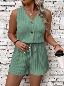 SHEIN LUNE Mono casual de talla grande sin mangas de unicolor - Verde - Ver 6