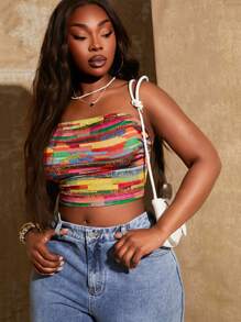 SHEIN Tall CURVE 大码女式休闲和节日毛绒图案印花修身抹胸，适合日常穿着、音乐节、音乐会、狂欢派对、海滩度假、约会之夜、生日、单身派对服装、俱乐部、可爱、休闲、购物、街头服饰、外出、风骚、易于搭配且看起来苗条，凸显身材，修饰身材