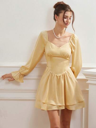 Chiquease 2025 春夏新款复古法式优雅公主袖 V 领腰部开叉荷叶边下摆迷你连衣裙，女士收腰