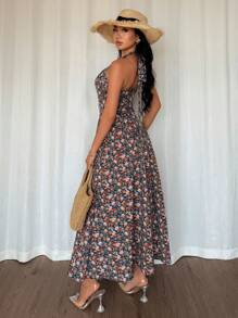 Breezaya Vestido largo con estampado floral, silueta en línea A, cuello en V, cintura ceñida, bajo acampanado, cremallera oculta en la espalda, para primavera/verano