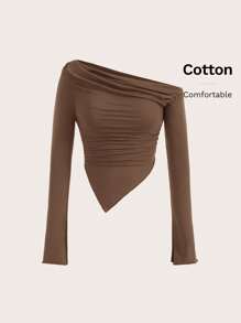 Sweetina Áo thun cổ nhún bất đối xứng - màu nâu - Xem 3