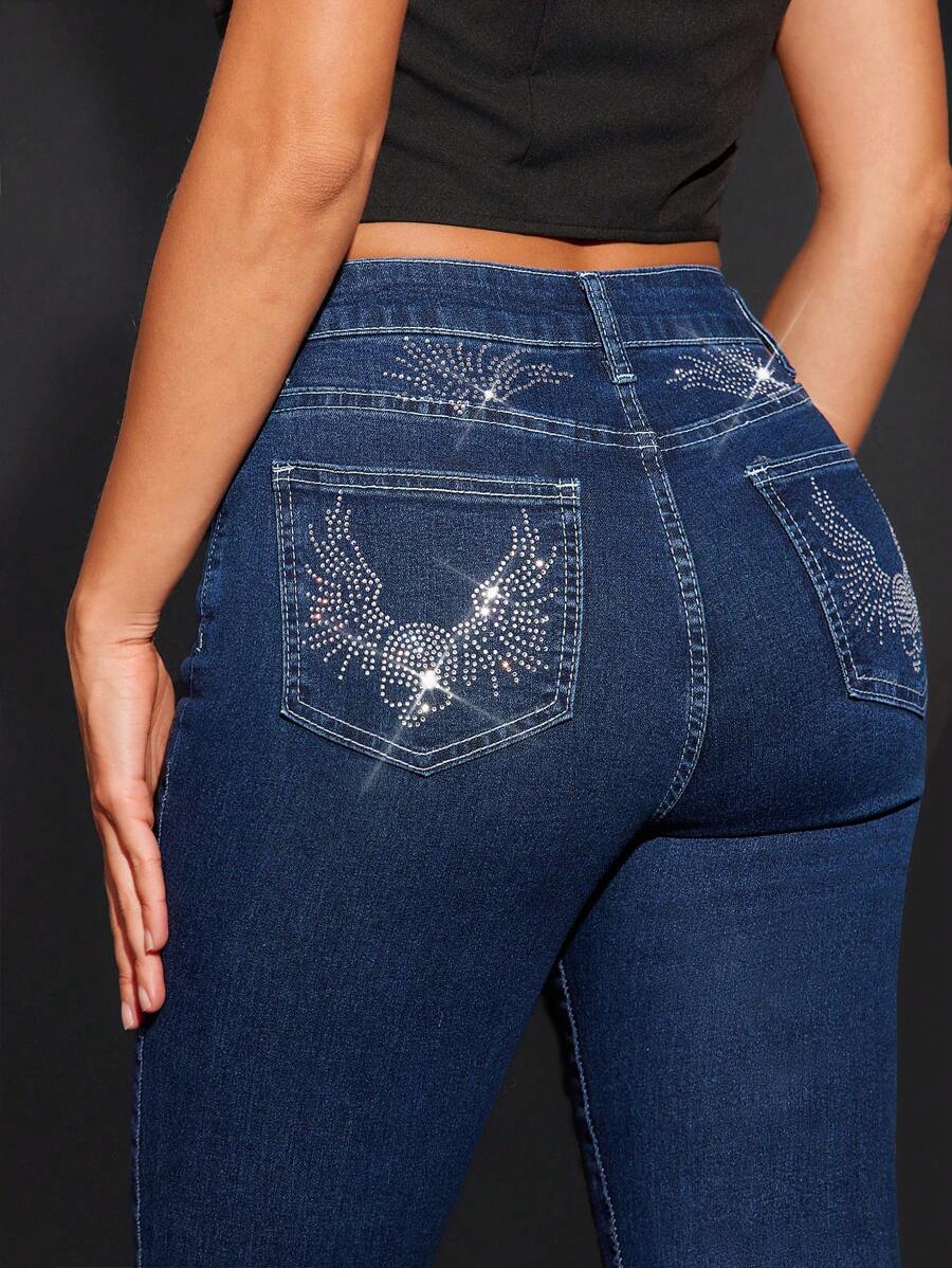 Denimoi 女士时尚水钻装饰喇叭牛仔裤 - 藍色 - 查看 1