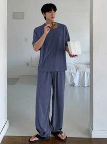 DAZY 1 Set Men's Summer Solid Gray T-Shirt And Pants Matching Pajama Set, Fall Winter Clothes - Blue - View 6