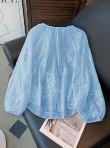 SHEIN Solid Color Floral Embroidery V-Neck Lantern Sleeve Single-Breasted Casual Shirt Fall Cloth For Women - Blue - View 2