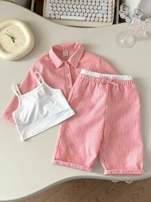 SHEIN 3 pièces/set Chemise rayée mignonne pour bébé fille, pantalon à taille élastique et camisole, printemps/été - Rouge et Blanc - Voir 1