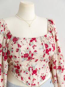 SHEIN WYWH 大码女式方领复古花卉印花灯笼袖衬衫，适合假期、秋冬季 - 彩色 - 查看 5