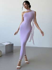 Firerie 情人节新款优雅浪漫约会紫色单肩系带水母长款飘逸裹身褶皱修身长裙