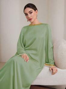 Graceveil Ribboned Ruffle Hem Women's Arabian Style Dress, Suitable For Spring And Autumn Modest