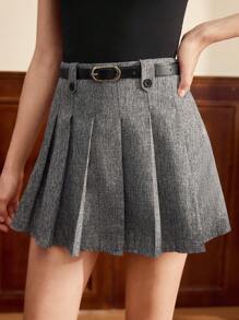 Vintamour Pantalones cortos vintage elegantes con pliegues, cintura alta, uso casual o de trabajo con cinturón y decoración de botones