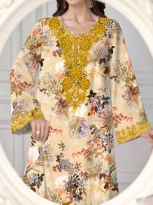 Al Najma Women's Elegant Retro Floral Placement Print Arabic Style V-Neck Dress - Apricot - View 3