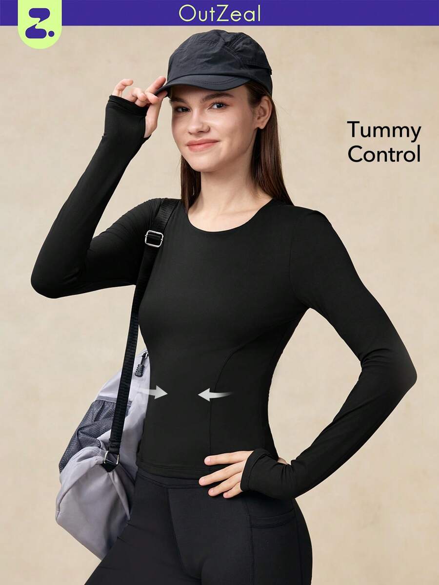 OutZeal Women Tummy Control Buttery Soft Quick Dry Round Neck Long Sleeve Thumb Hole Outdoor Tee Gym Workout Top Fall