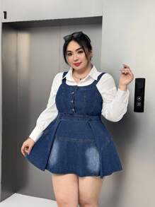 SHEIN EZwear Plus Size Cinched Waist Strap Mini Denim Dress