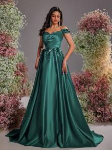 Glamrae Elegant&Luxurious Off Shoulder Satin Gown,3D Floral Design,High Slit,Ruched Flared Maxi Train Dress For Weddings,Galas,Formal Evening Party Guest - Olive Green - View 1