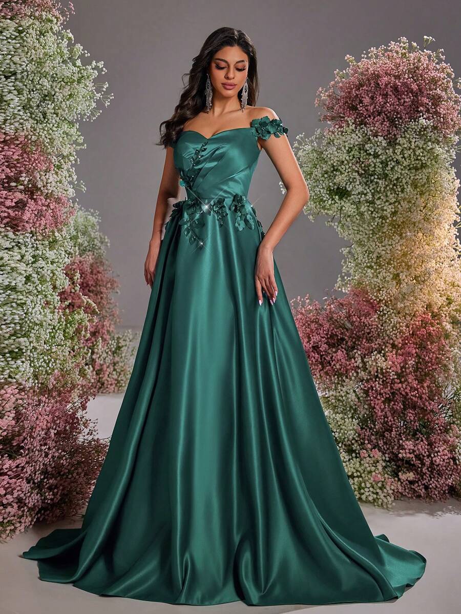 Glamrae Elegant&Luxurious Off Shoulder Satin Gown,3D Floral Design,High Slit,Ruched Flared Maxi Train Dress For Weddings,Galas,Formal Evening Party Guest - Olive Green - View 1