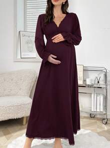 Lace Patchwork V-Neck Drawstring Maternity Long Sleeve Nightgown Cozy And Elegant Details, Fall & Winter