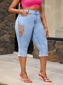 SHEIN SXY Plus Size Women's Stretch Denim Jeans, Leg Criss-Cross Hollow Design, Skinny Slim Fit Capri Pants - Light Wash - View 5