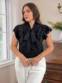 SHEIN Privé Plus Size Women Elegant Versatile Ruffled Sleeve Solid Color Open Front Shirt, Suitable For Work, Casual, Tea Party, Date, Concert, Party, Beach Photography