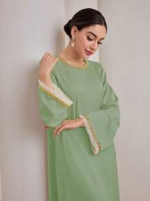 Graceveil Ribboned Ruffle Hem Women's Arabian Style Dress, Suitable For Spring And Autumn Modest