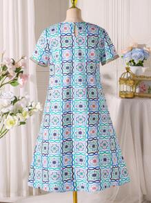 Tween Girl Retro Print Embellished Ribbon Collar A-Line Dress - Blue - View 2