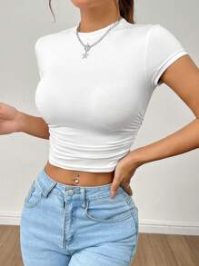 SHEIN PETITE Set de 3 piezas de camiseta de manga corta plisada para señoras de verano - Burdeos - Ver 5