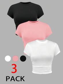 SHEIN PETITE Set de 3 piezas de camiseta de mujer de manga corta con pliegues para el verano - Multicolor - Ver 1