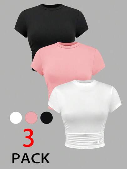 SHEIN PETITE Set de 3 piezas de camiseta de mujer de manga corta con pliegues para el verano