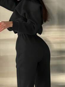 BamGleam "Balance" English Digital Print Comfy Casual Matching Set, Thermal Lined, Fashionable For Home Or Outdoor Wear Fall Cloth For Women - Black - View 3