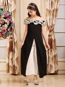 SHEIN Tween Girls Elegant Party Color Block Off Shoulder Ruffle Jumpsuit - Black - View 5