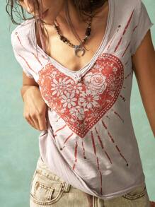 Bohemela Boho Solid Color V-Neck Short Sleeve Fitted Washed Women T-Shirt