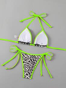 SHEIN Swim 女士夏季沙滩豹纹露背性感比基尼两件套泳衣套装