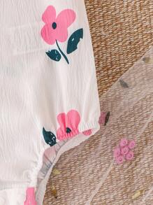 Baby Girl Sweet Cute Lightweight Mesh Ditsy Floral Patchwork Bow Bodysuit, Summer - Pink - View 3