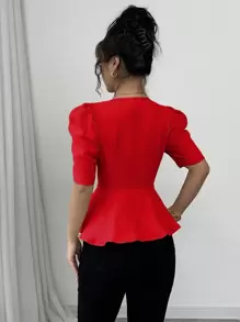 Elenzga 女式夏季衬衫，方领，短袖，金属纽扣装饰，做旧下摆，腰部设计，编织面料，优雅百搭，适合日常穿着 - 紅色 - 查看 2