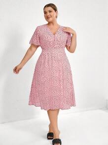 GENKIRA Plus Size Women's Polka Dot V-Neck Waist Cinched Midi Dress,Elegant & Formal Blush Pink Summer Tea Party,European & American Loose Hem All Over Print - Pink - View 3