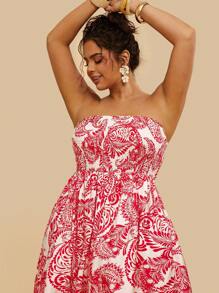 Travachic Tropical Plus Size Casual Vacation Red Floral Print Tube Top Mini Beach Dress,Beach Dress Sundress,Holiday Outfits Boho